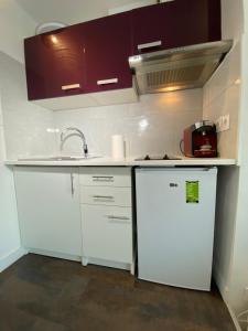 uma cozinha com armários brancos e um lavatório em Studio Gare Part Dieu em Lyon