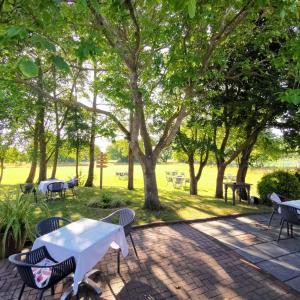 a patio with tables and chairs in a park at Crouchers Hotel in Chichester