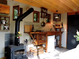 een keuken met een houtkachel in een kamer bij La Cabane in Connigis