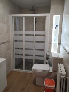uma casa de banho com um WC e um chuveiro. em Vidal Rural em Aviá