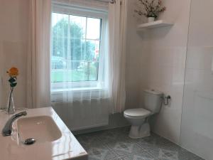 a bathroom with a sink and a toilet and a window at Urokliwy Apartament in Ustrzyki Dolne