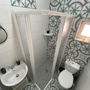 a bathroom with a shower and a toilet and a sink at Largo d Vizinha Bia in Elvas