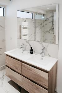 ein Bad mit einem Waschbecken und einem Spiegel in der Unterkunft LE 19 KLEBER climatisé in Colmar