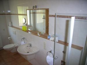 a bathroom with a sink and a toilet and a mirror at Ferienweingut-Liebfried in Nehren