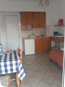 uma cozinha com uma mesa e uma mesa e uma cozinha em Katerina & Efi Apartments em Mastichari