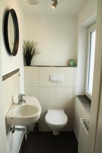 a bathroom with a white toilet and a sink at Ferienhaus Pape Gleidorf in Schmallenberg