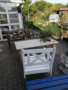 einem Picknicktisch und einer Bank im Garten in der Unterkunft Langøhuset in Langebæk