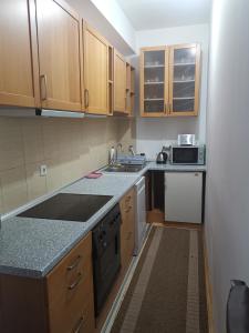 a kitchen with wooden cabinets and a counter top at Apartman Banja - Tuzla in Tuzla