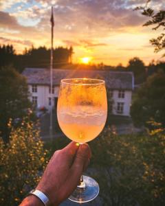 una persona sosteniendo una copa de vino con la puesta de sol en el fondo en Villa Edvin - Slow living, en Eide