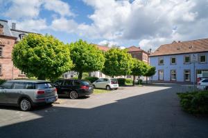un grupo de autos estacionados en un estacionamiento en Beautiful Apartment in town centre (TLA/TDY/TLF) en Landstuhl