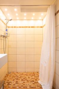 ein Bad mit Dusche und Duschvorhang in der Unterkunft Ferienwohnung Casa Sophia in Seeheim-Jugenheim