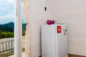 a white refrigerator in a room with a balcony at Casutele verzi din Ocnele Mari in Ocnele Mari