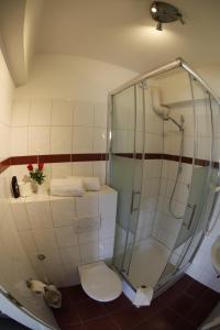 a bathroom with a toilet and a glass shower at Hotel Famosa in Düsseldorf