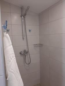 a bathroom with a shower with a towel and a shower head at Apartmani Marija in Grebaštica