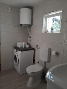 a bathroom with a toilet and a washing machine at Apartmani Marija in Grebaštica