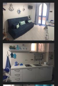 two pictures of a kitchen and a living room with a couch at the goat on the beach in Scilla