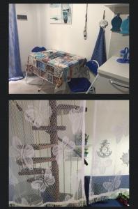 two pictures of a room with a cat in a cage at the goat on the beach in Scilla