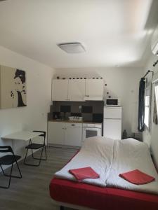 Cette chambre comprend un lit, une table et une cuisine. dans l'établissement Madrid Green, à Villaviciosa de Odón