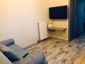 a living room with a couch and a television at Seaside Villa Eleni in Chorefto