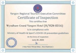 Vottorð, verðlaun, skilti eða annað skjal til sýnis á Wyndham Grand Yangon