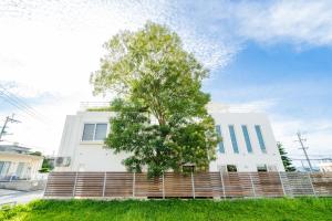 uma árvore em frente a um edifício branco em EM Tree House em Uruma