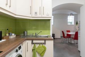 a kitchen with green walls and a sink at Vajda 15 Hostel Budapest in Budapest