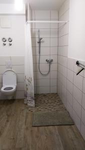 a bathroom with a toilet and a shower in it at Tolle Wohnung in Fontanestadt Neuruppin in Neuruppin