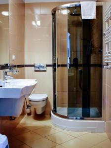 uma casa de banho com um chuveiro, um WC e um lavatório. em Hotel Zamek Królewski w Rydzynie em Rydzyna