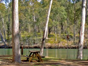 a picnic table in front of a lake at Bewong River Retreat in Bewong