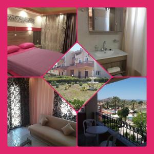 a collage of photos of a bedroom and a living room at Hotel Marilena in Mythimna
