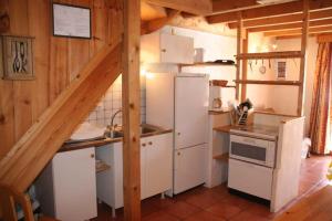 - une cuisine avec des appareils blancs et des murs en bois dans l'établissement Le Queyrellin hameau des Chazals Nevache Hautes Alpes, à Névache