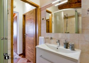 uma casa de banho com um lavatório e um espelho em Charming stone cottage by the sea em Umag