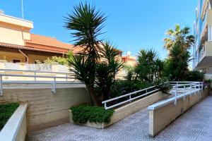 a row of benches next to a building with a palm tree at La Rotonda - Casa vacanze in Giovinazzo