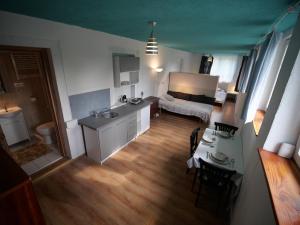 シュクラルスカ・ポレンバにあるIzerski Kamienのキッチン、リビングルームが備わります。