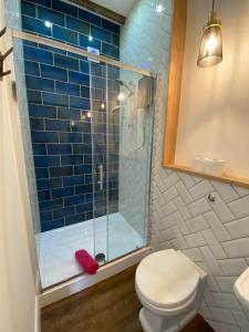 a bathroom with a toilet and a glass shower at Royal Mile Suites by the Castle in Edinburgh