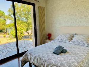 萊塞比耶的住宿－Villa du Bois Verts，一间卧室设有一张床和一个滑动玻璃门