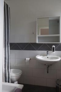 a bathroom with a sink and a toilet and a mirror at Flensbed Hotel & Hostel in Flensburg