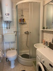 een badkamer met een douche, een toilet en een wastafel bij Hope Apartments in Vodice