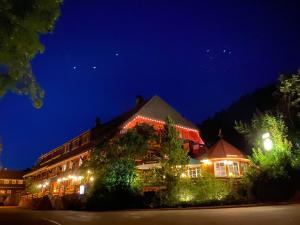 a building with christmas lights on it at night at Hotel Hirschen in Menzenschwand