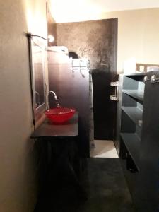 un bagno con un lavandino rosso e una doccia di LA TERRASSE AUX HIRONDELLES maison 80m2 2 chambres 2 salles de bains a Lagorce Altre 25 foto