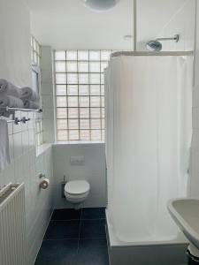 
a white toilet sitting next to a bath tub in a bathroom at Avenue Beach Hotel in Ostend
