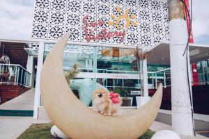 un chien assis sur une lune en croissant devant un bâtiment dans l'établissement Pousada SUN Victory, à Cabo Frio