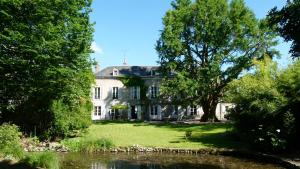 ein großes weißes Haus mit einem Baum und einem Teich in der Unterkunft Domaine Saint-Hilaire in Meung-sur-Loire