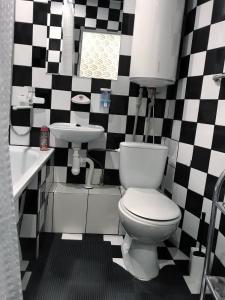 a black and white bathroom with a toilet and a sink at Сдам посуточно однакомнатную квартиру in Kharkiv