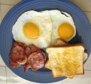 a blue plate with eggs and bacon and toast at Family hotel Iskar in Govedartsi