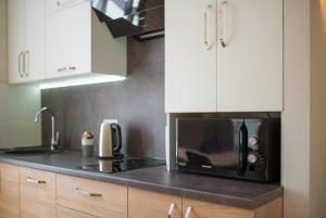 a kitchen with a microwave and a counter top at Modern apartmeents near Central Park in Poltava