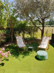 zwei Stühle auf dem Rasen im Garten in der Unterkunft APARTMENT LE BON BON - Lazise in Lazise