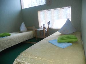 a bedroom with a bed with green pillows and a window at Guest House Kalbakas in Smiltene