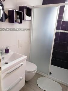 a white bathroom with a toilet and a shower at Apartments Perla in Biograd na Moru
