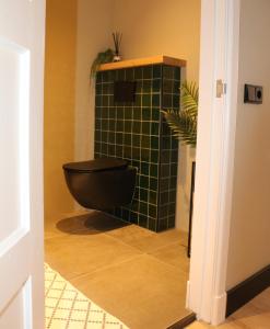 a bathroom with a toilet with a green tiled wall at De Juffer van Batinghe in Dwingeloo